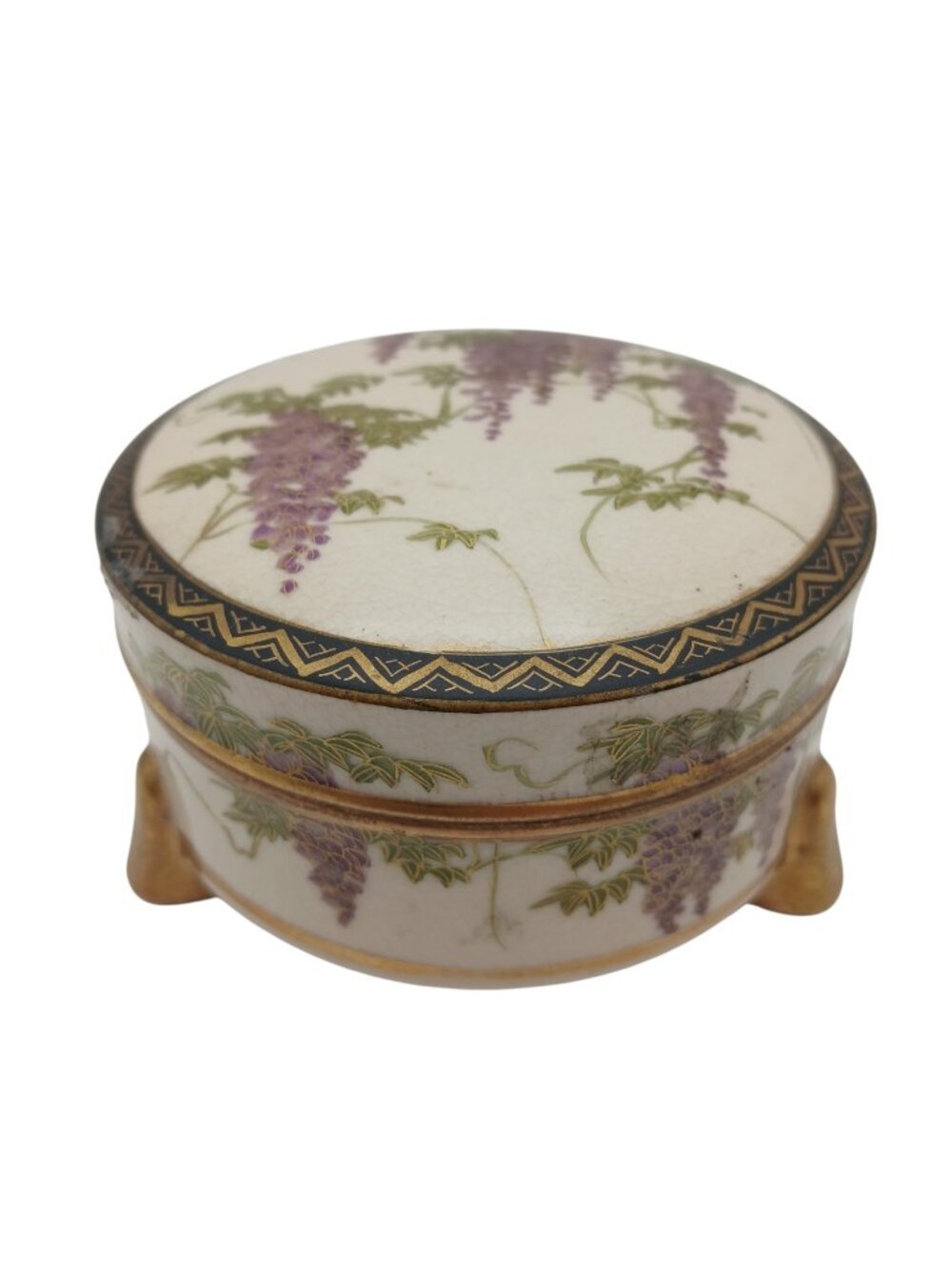 Antique Japanese Satsuma Wisteria Footed Lidded Box Gilt Meiji 3.7in